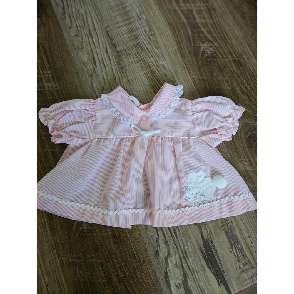 Vintage Pink Seersucker Bunny Dress Baby Girl 9 Months Lace Collar Easter Spring